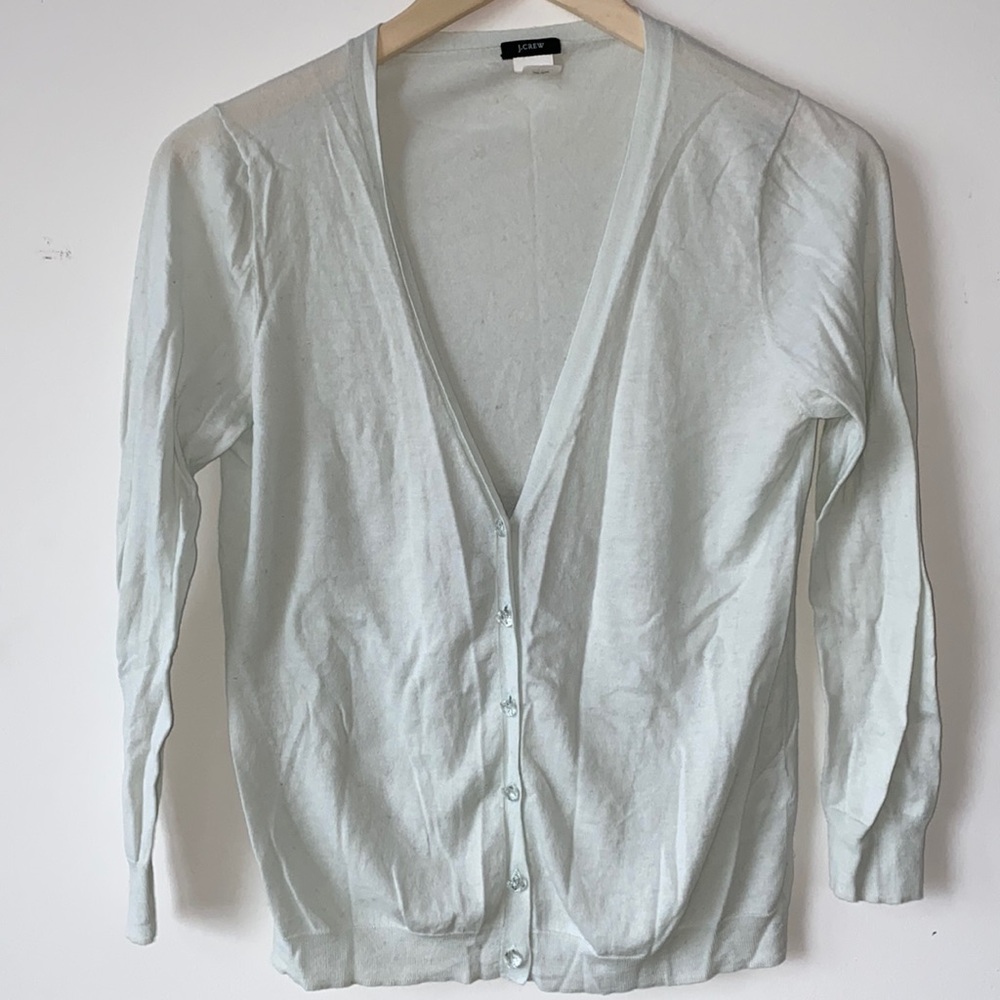J. Crew | pale sea foam cotton v-neck cardigan with crystal buttons | M